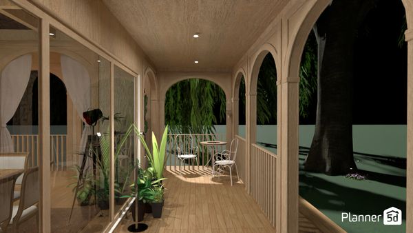 render 3D patio z werandą otwartą na ogród, drzewo, stworzone za pomocą programu Planner 5D