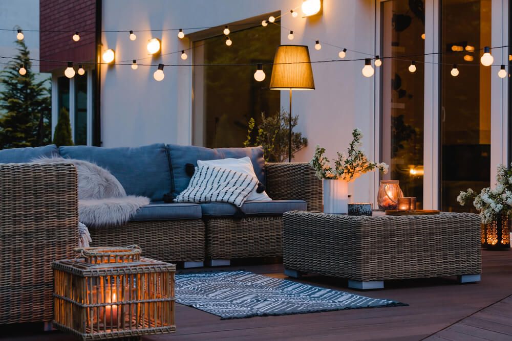 cozy patio with wicker furniture