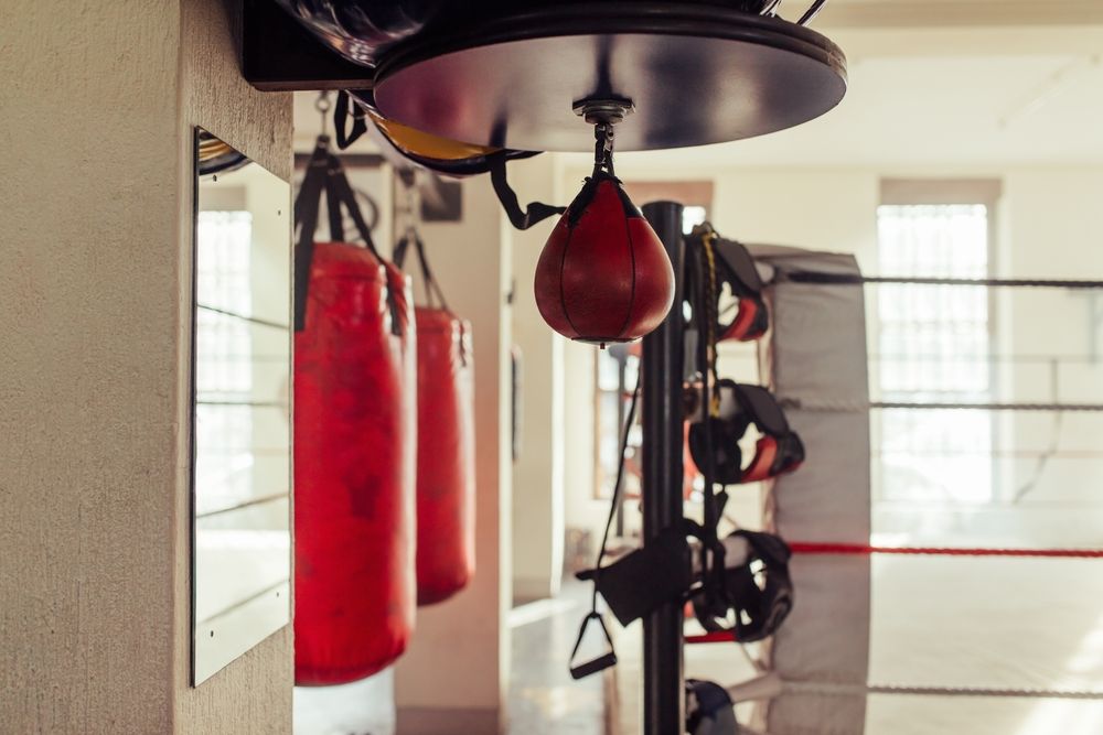 Small red punching bag, hung alongside other training equipment in a boxing gym.