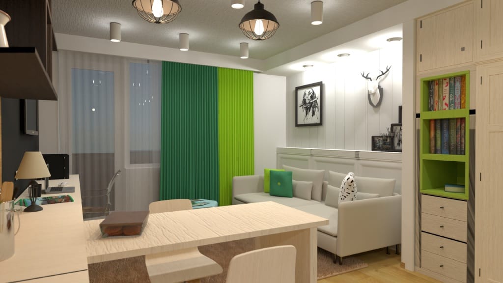 combined living dining and work space