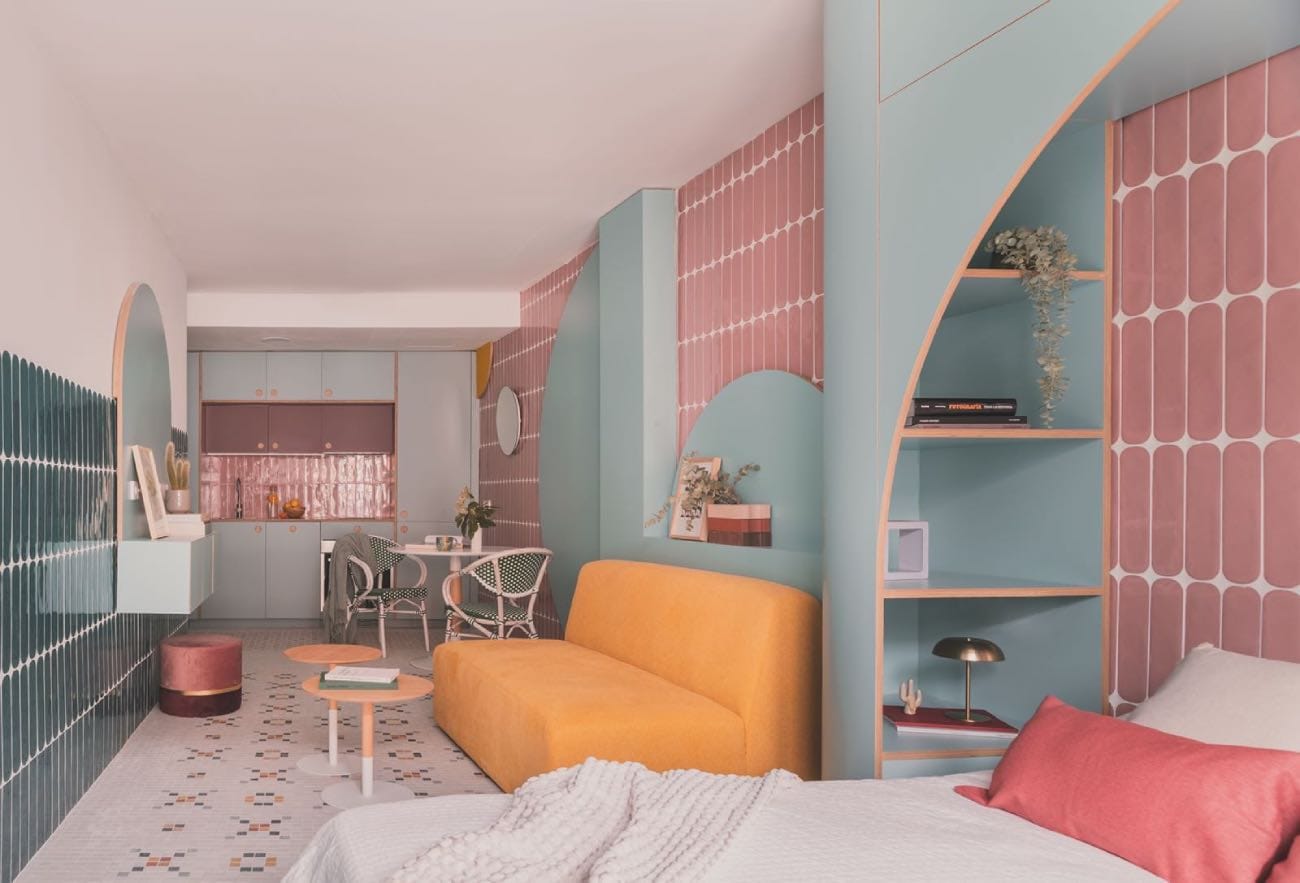colorful studio apartment, small apartment decor