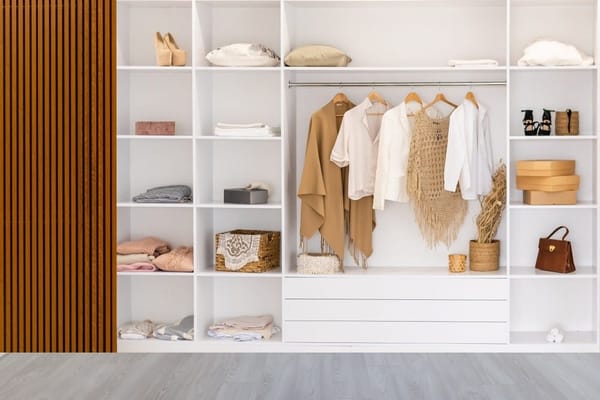 Organisez et désencombrez : une garde-robe bien rangée avec des vêtements beiges et blancs