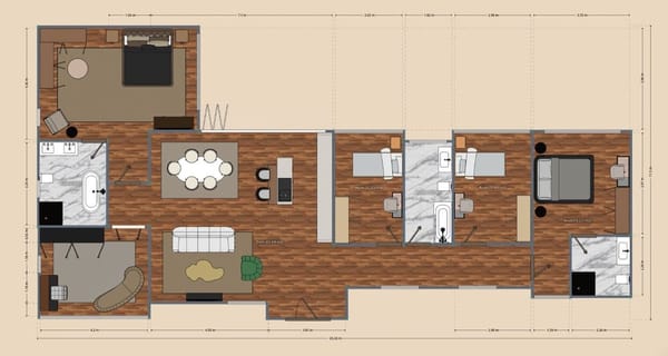 Planta baixa de casa com 3 quartos criada usando o catálogo do Planner 5D
