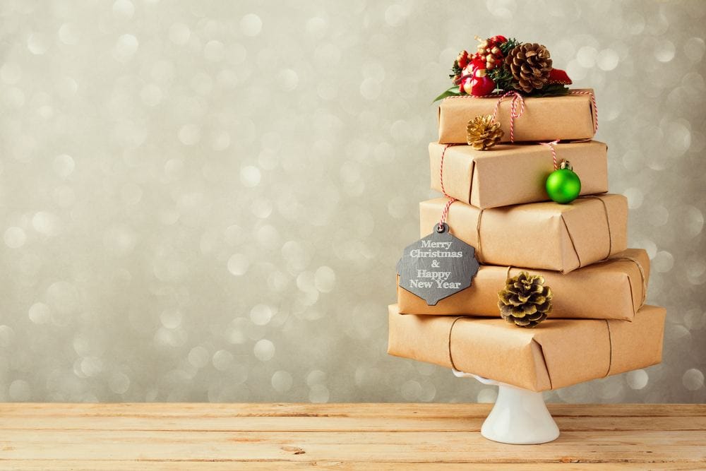 gifts wrapped and stacked like a tree