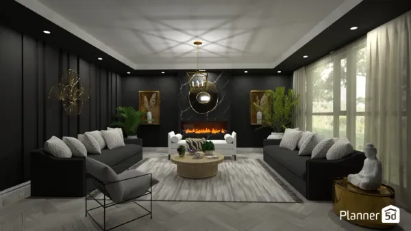  elegancki salon z czarnymi ścianami i kanapami
