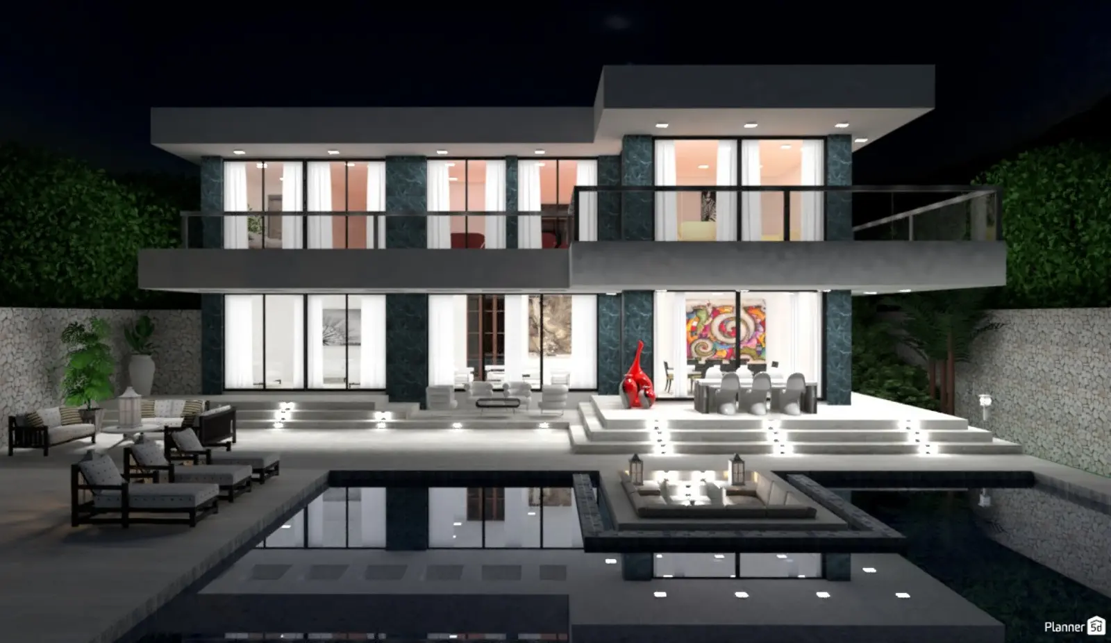 Nighttime 3D render of a luxury villa with integrated outdoor lighting and a large pool area.