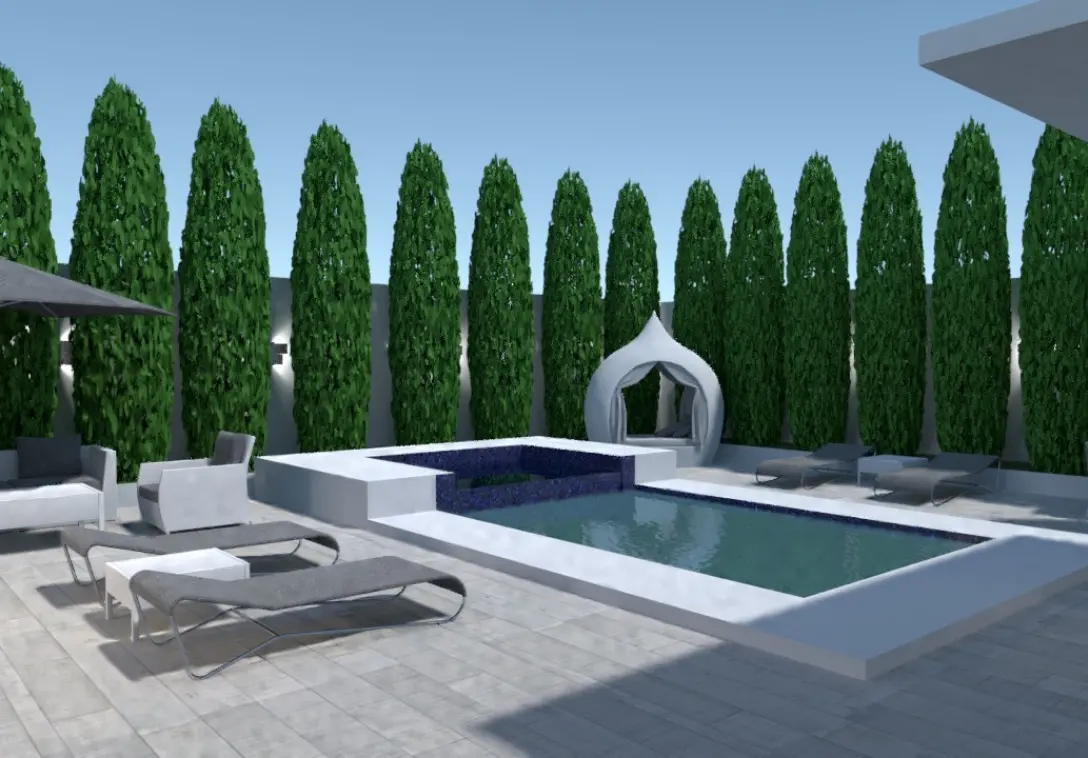 Minimalist backyard design with a small rectangular pool, white stone patio, and tall privacy hedges.