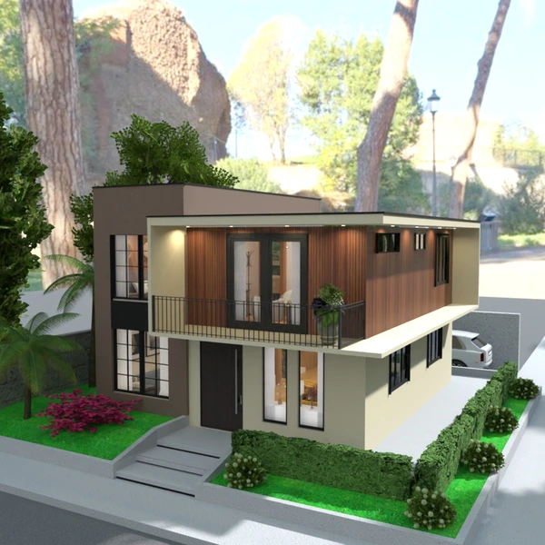 Nowoczesny dom z tarasem i balkonem zaprojektowany w programie do projektowania 3D