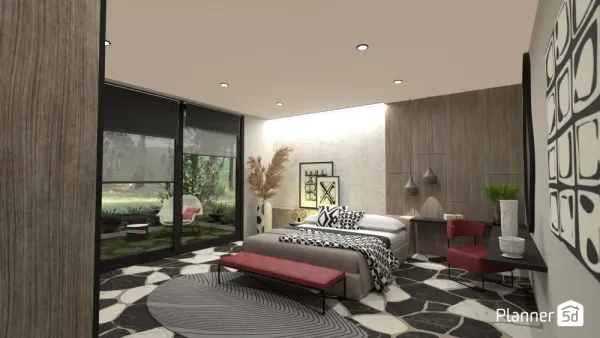 bedroom layout with a bed, side tables and bench and a patio