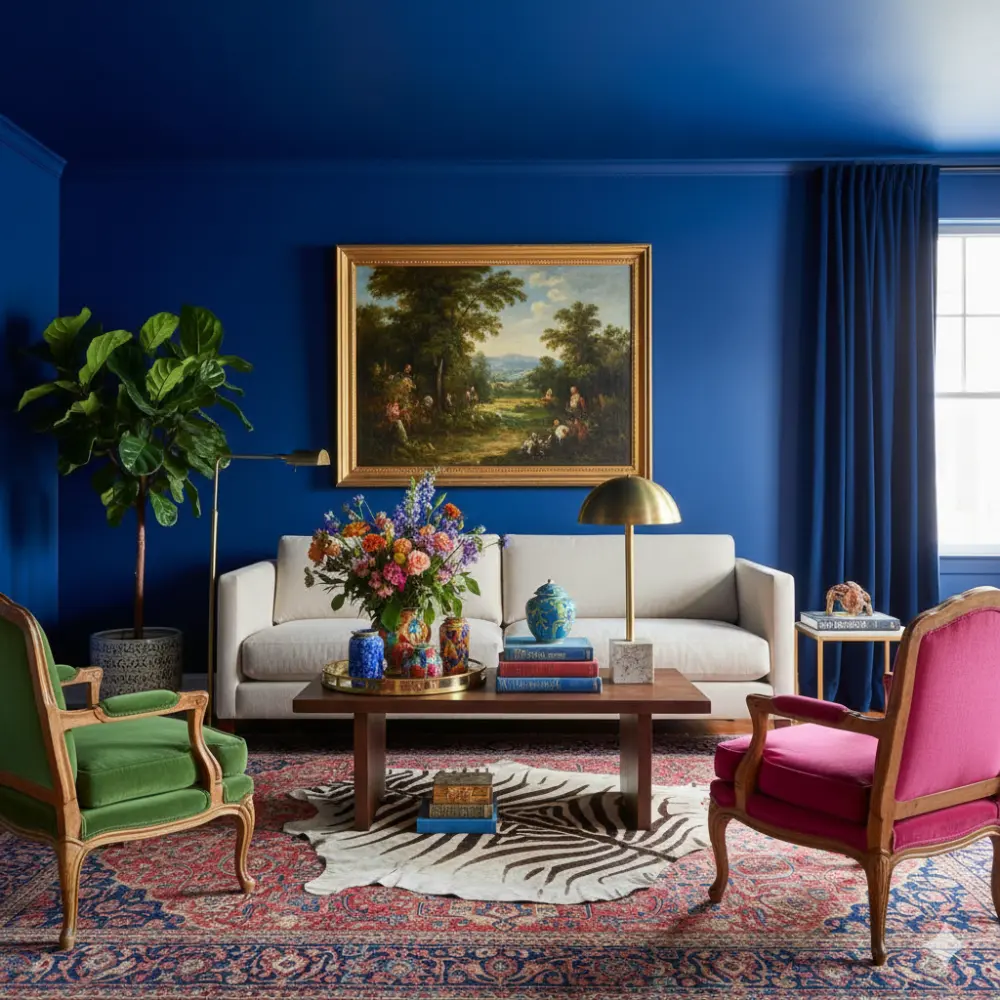 Living room in a maximalist design style 