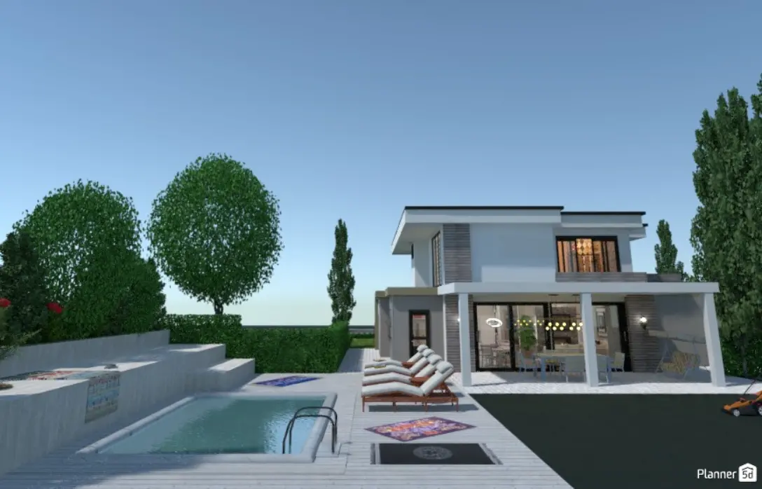 3D backyard layout of a modern two-story home with a swimming pool, lounge chairs, and manicured landscaping.