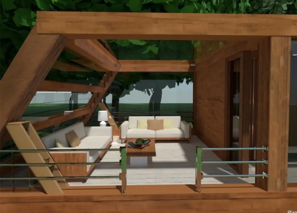 Realistic 3D visualization of a covered wooden patio with modern outdoor furniture.